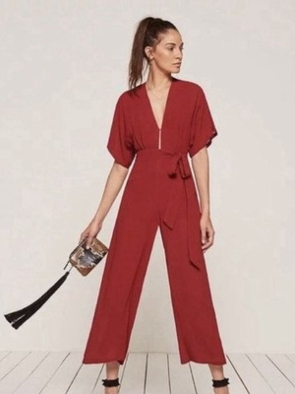Reformation Swiss Jumpsuit In Red-Kimono Sleeve, V-Neck, Wide-Leg Size 0*No Belt